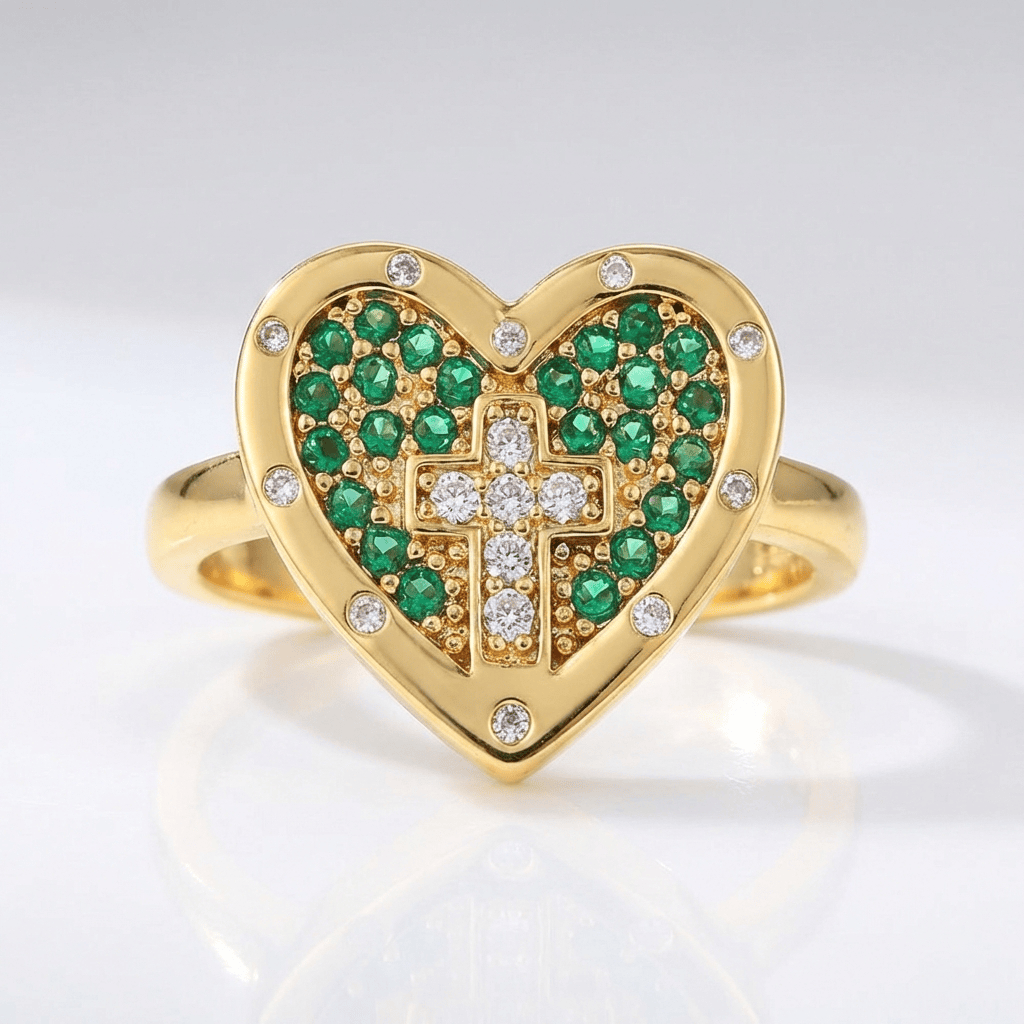 Adjustable Silver Heart and Colorful Cross Ring