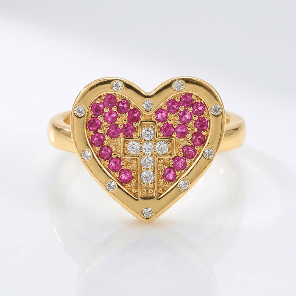 Adjustable Silver Heart and Colorful Cross Ring