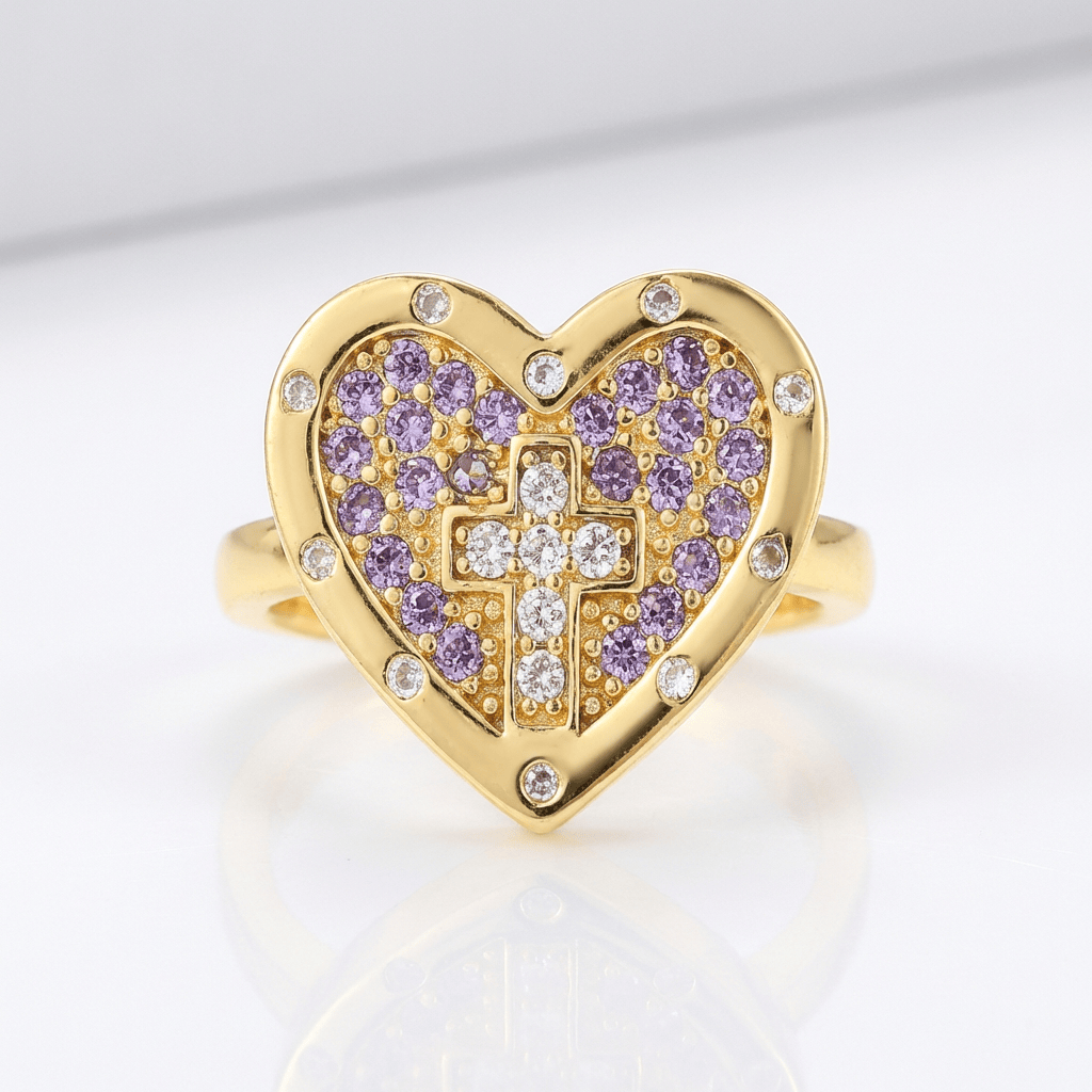 Adjustable Silver Heart and Colorful Cross Ring