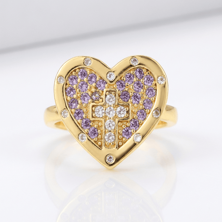 Adjustable Silver Heart and Colorful Cross Ring