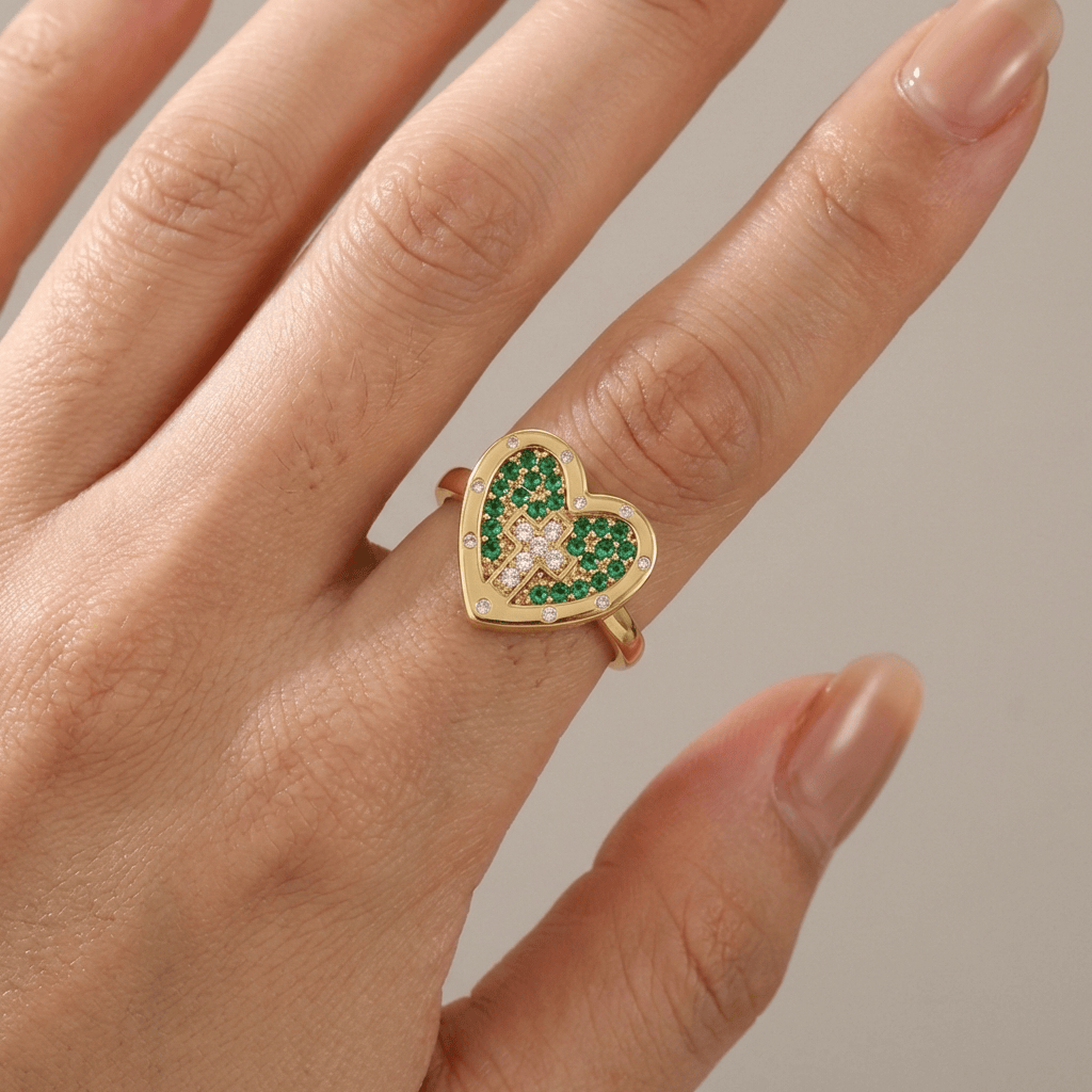 Adjustable Silver Heart and Colorful Cross Ring