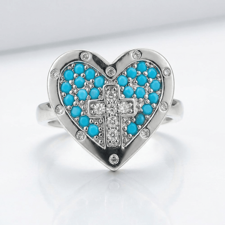 Adjustable Silver Heart and Colorful Cross Ring