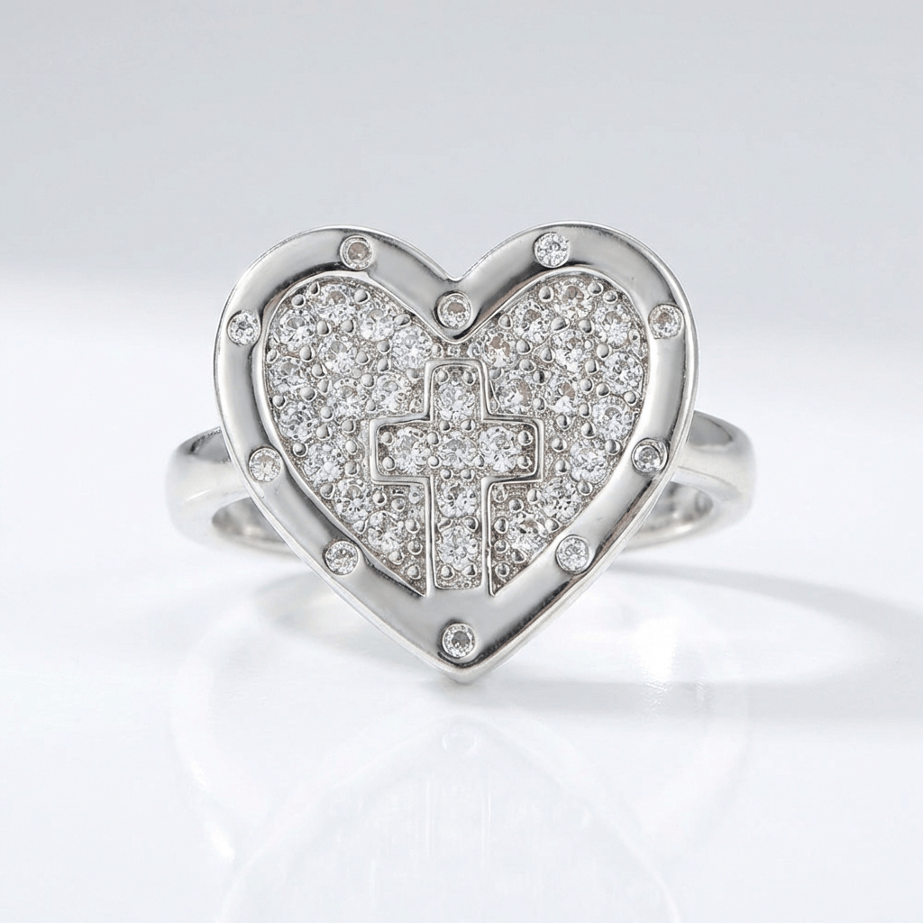 Adjustable Silver Heart and Colorful Cross Ring