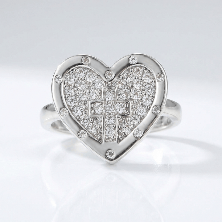 Adjustable Silver Heart and Colorful Cross Ring