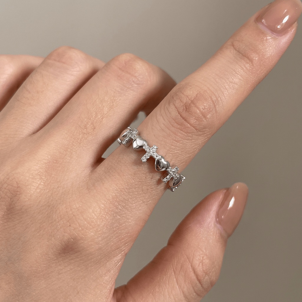 Silver Cross and Hearts Ring