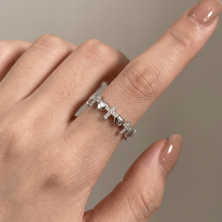 Silver Cross and Hearts Ring