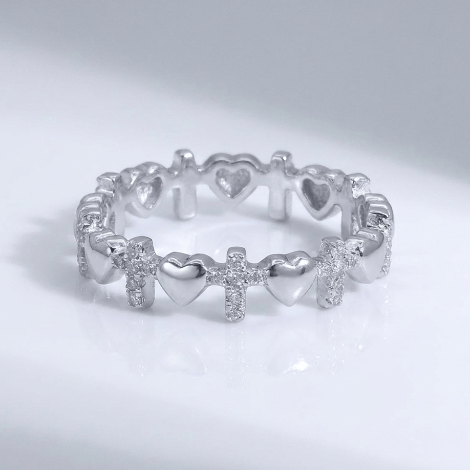Silver Cross and Hearts Ring