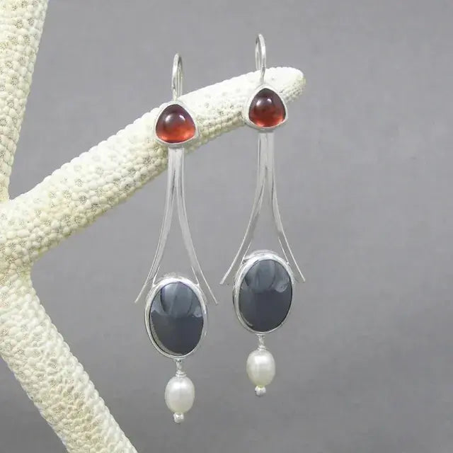 Vintage Pearl and Red Crystal Earrings