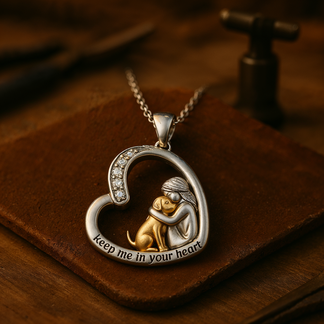 Silver Heart Necklace with Dog Charm and Zirconia Accents