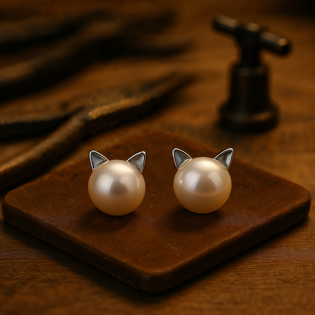 Cat-Shaped Silver Pearl Stud Earrings