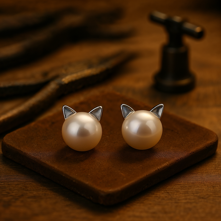 Cat-Shaped Silver Pearl Stud Earrings