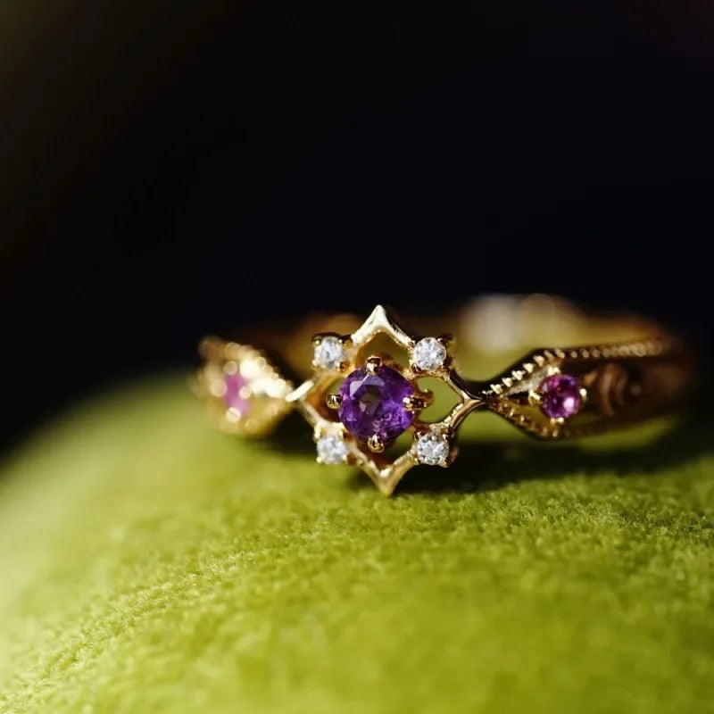 Adjustable Vintage Gold Ring with Amethyst Crystal