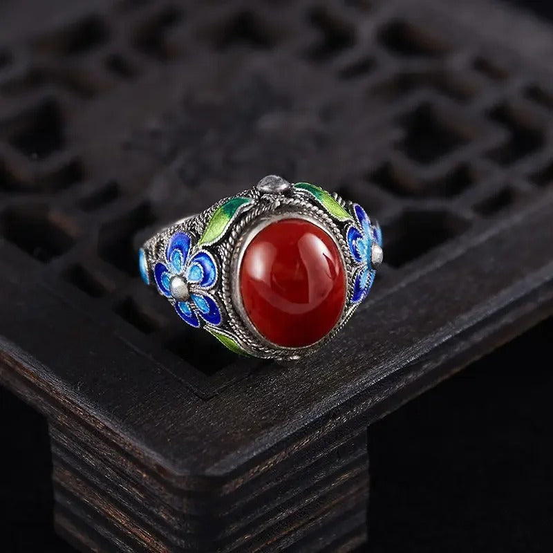 Adjustable Vintage Ring with Silver Inlays and Southern Red Tourmaline