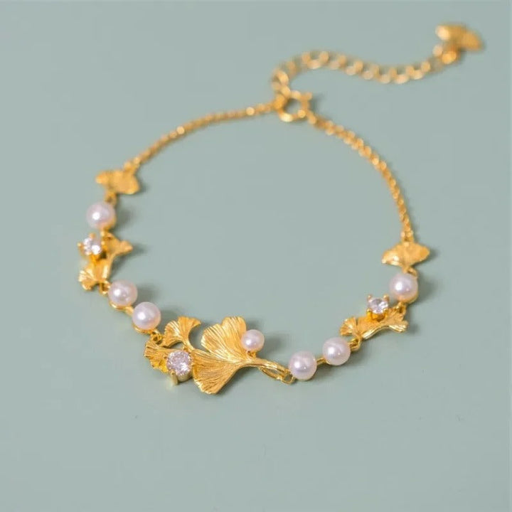 Elegant Gold Ginkgo Leaf Bracelet with Pearls