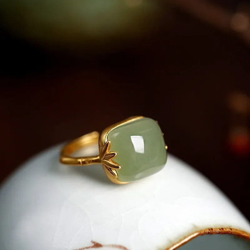 Adjustable Vintage Gold Ring with Green Jade