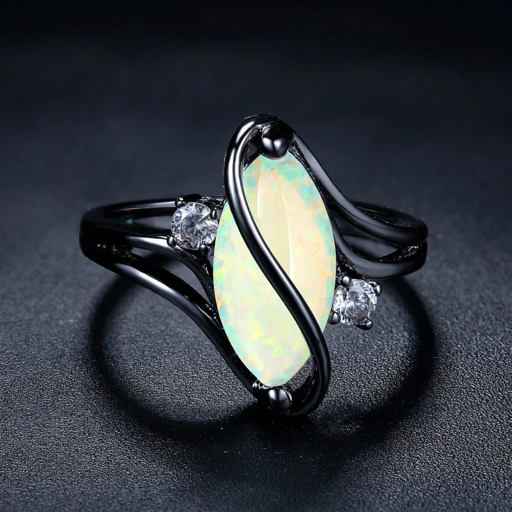 Vintage Black Ring with Silver Opal & Crystal Accents