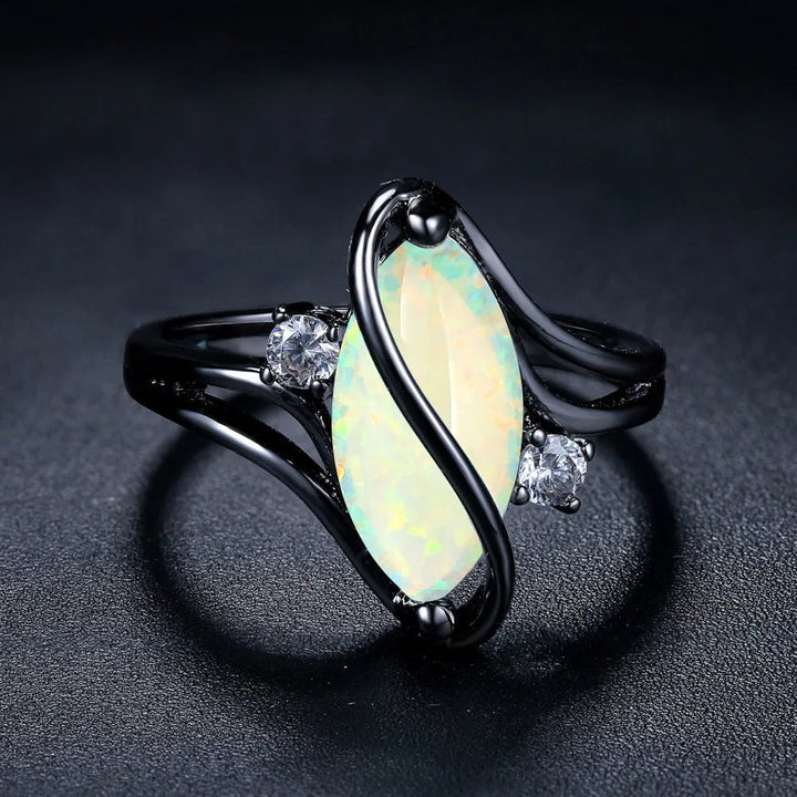 Vintage Black Ring with Silver Opal & Crystal Accents