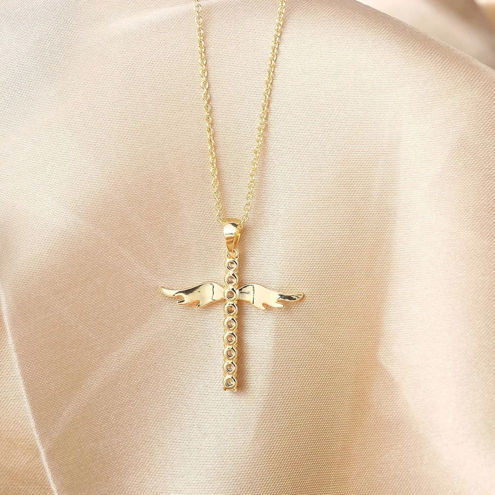 Cross Pendant Necklace with Golden Angel Wings