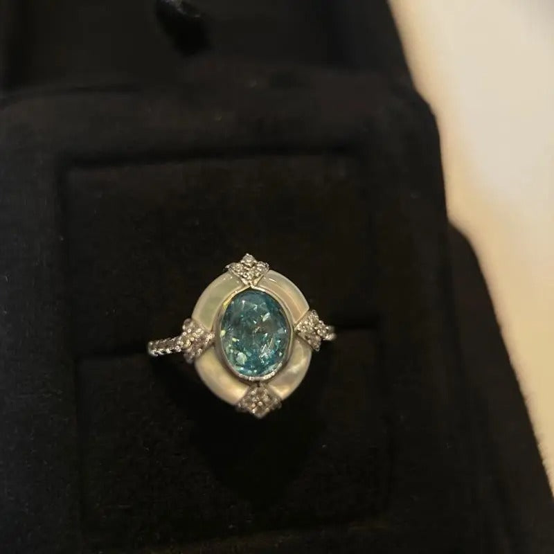 Adjustable Vintage Aquamarine Ring in White Silver