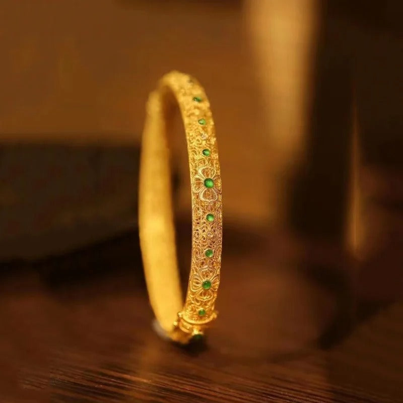 Floral Pattern Bangle Bracelet with Golden Green Gemstones