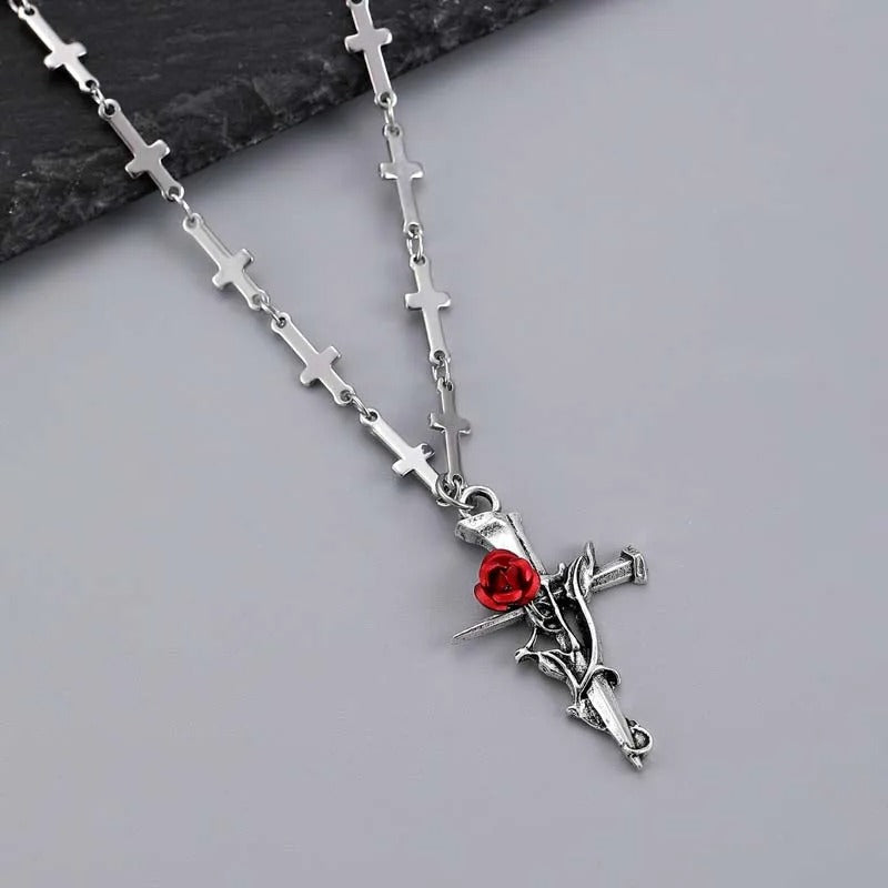 Silver Cross & Pink Rose Necklace