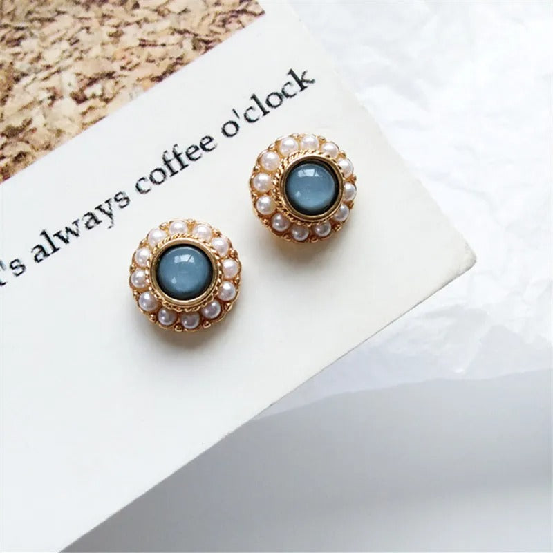 Vintage Blue Stone and Gold Pearl Earrings