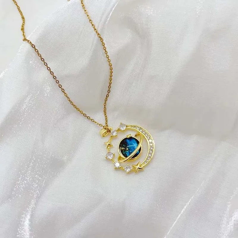 Starry Sky Planet Pendant Necklace with Golden Star