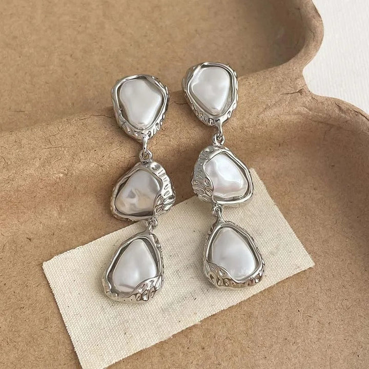 Pearl-Accented Triangle Silver Earrings