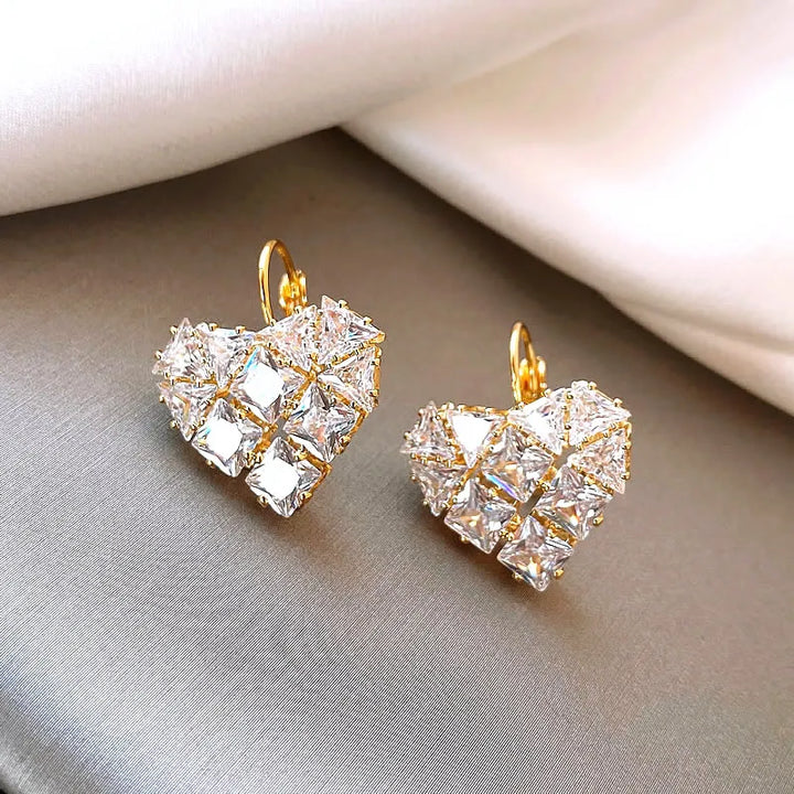 Vintage Gold Heart Earrings with Diamond Accent