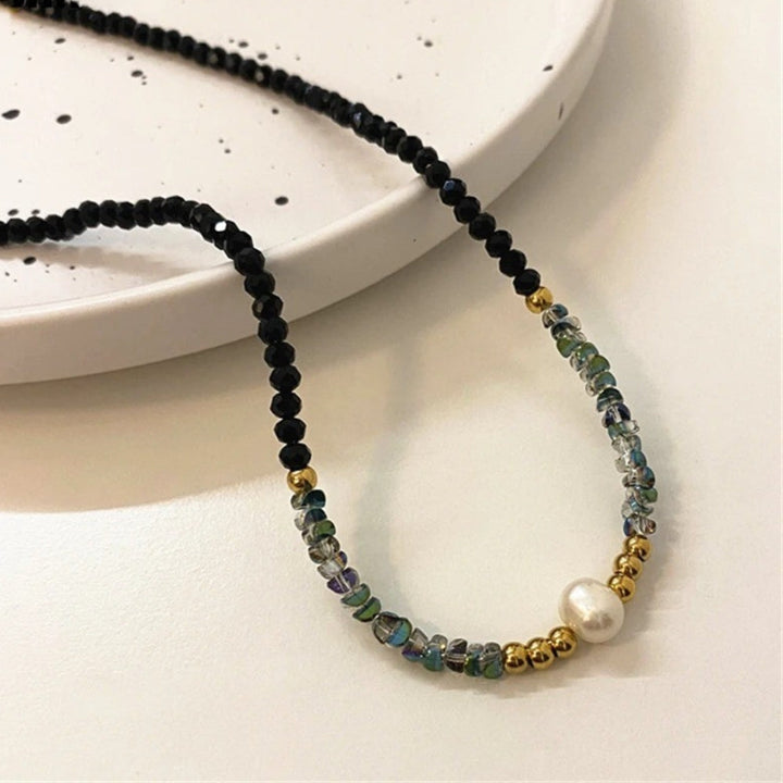 Black Bead Necklace with Gold Accents and Pearls