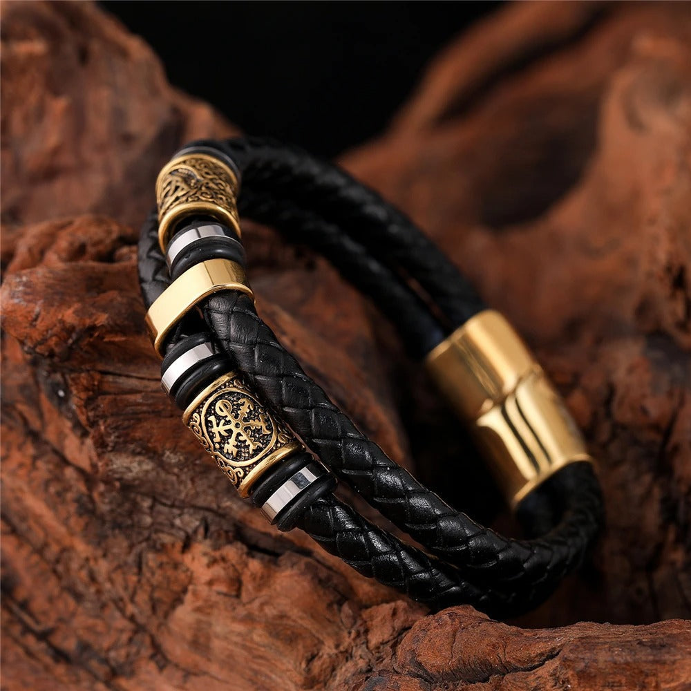 Black Braided Leather Bracelet with Gold Pendant
