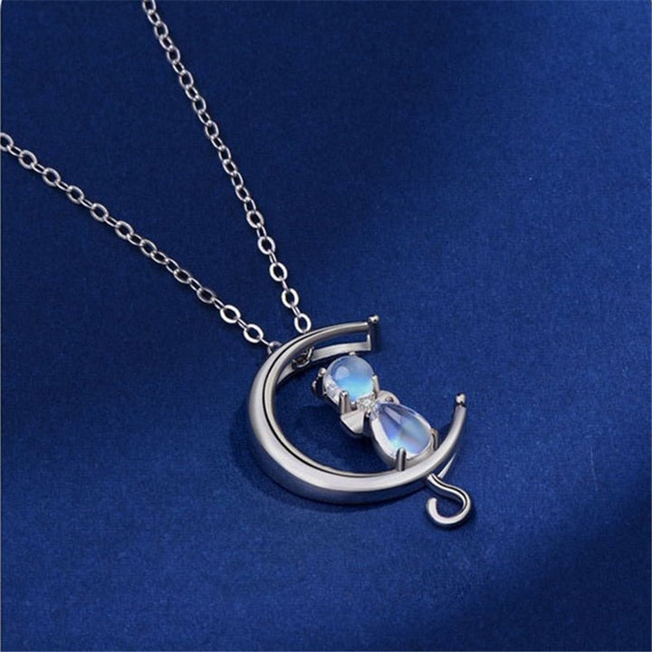 Crescent Moon and Cat Pendant Necklace in Moonstone