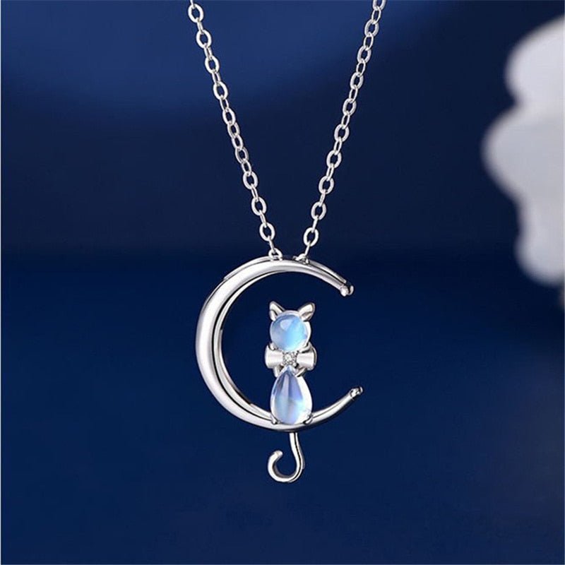 Crescent Moon Cat Necklace with Moonstone