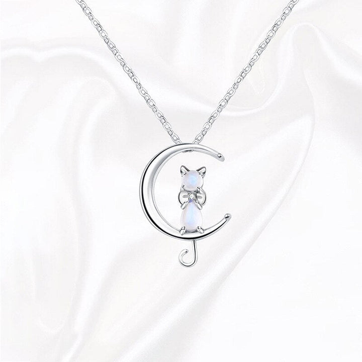 Crescent Moon Cat Necklace with Moonstone