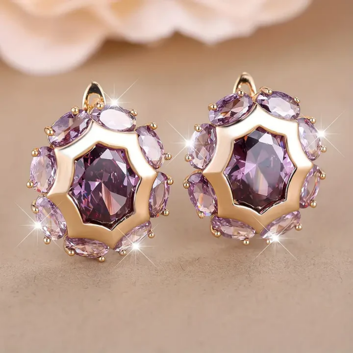 Violet Zirconia Round Gold Earrings