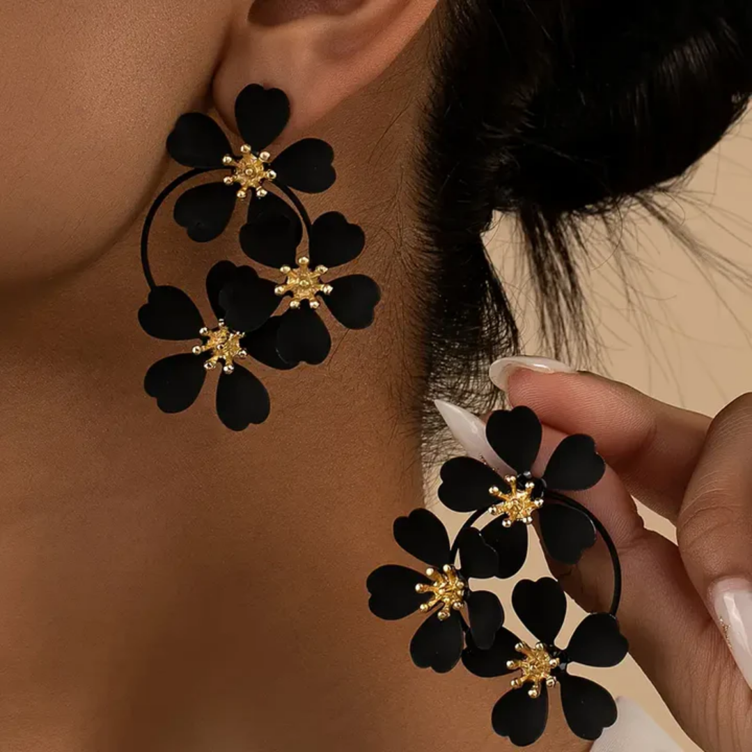 Vintage Black Floral Dangle Earrings