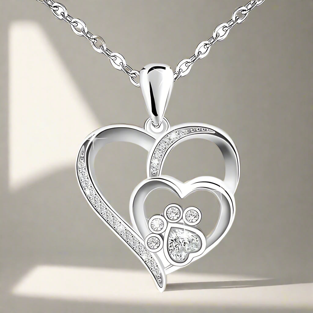 Sterling Silver Paw Print Heart Necklace with Zirconia