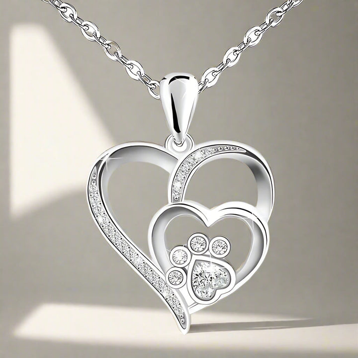 Sterling Silver Paw Print Heart Necklace with Zirconia