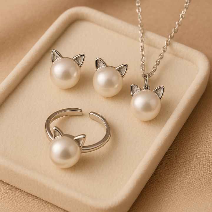 Cat Collar with Pearl, Earrings, and Bonus Gift Ring