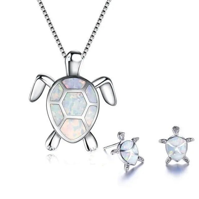 Opal & Silver Sea Turtle Necklace and Earring Set