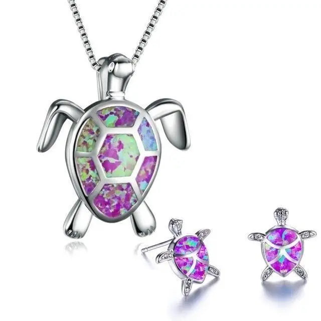 Opal & Silver Sea Turtle Necklace and Earring Set