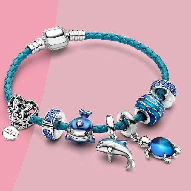Ocean Bracelet with Leather and Silver Pendants