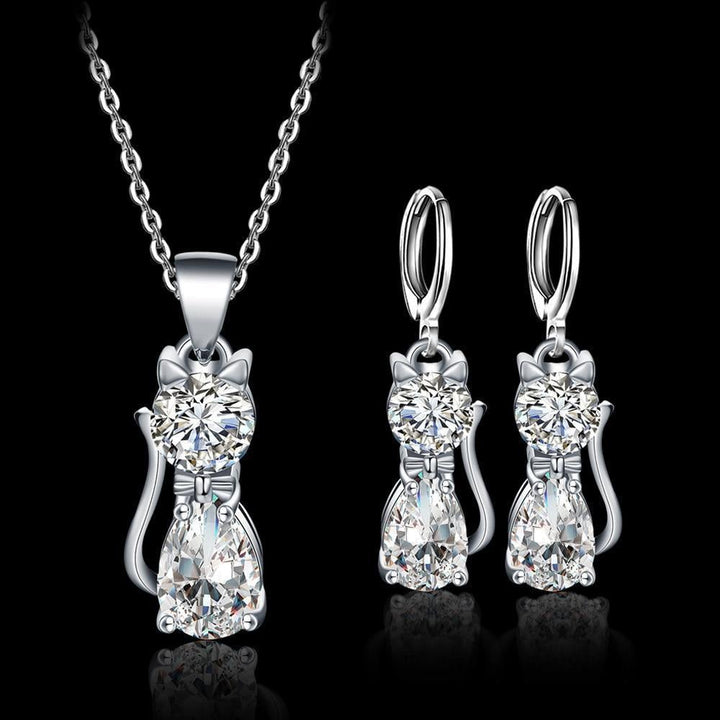 Happy Cats Silver Necklace & Earrings Set with Polished White Zirconia