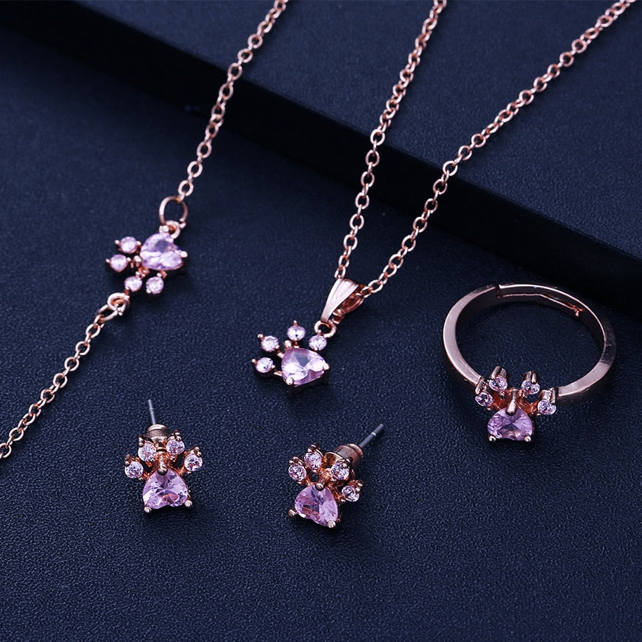 4-Piece Rose Gold Paw Jewelry Set with Zircon Heart for Women