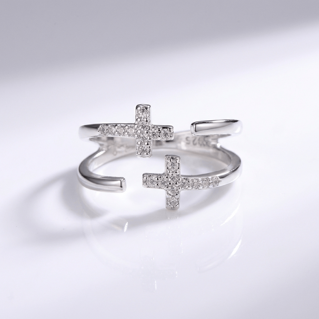Adjustable Silver and Diamond Double Cross Ring