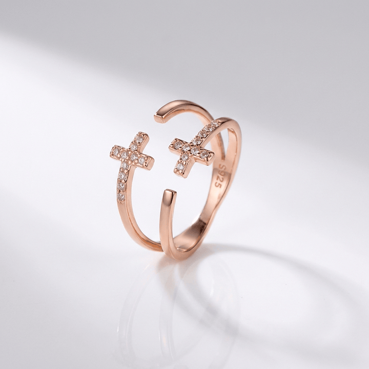 Adjustable Silver and Diamond Double Cross Ring