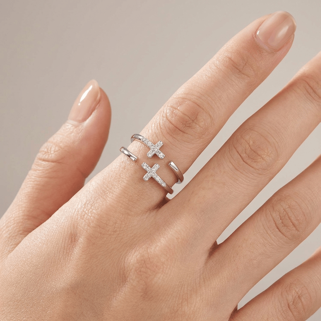 Adjustable Silver and Diamond Double Cross Ring